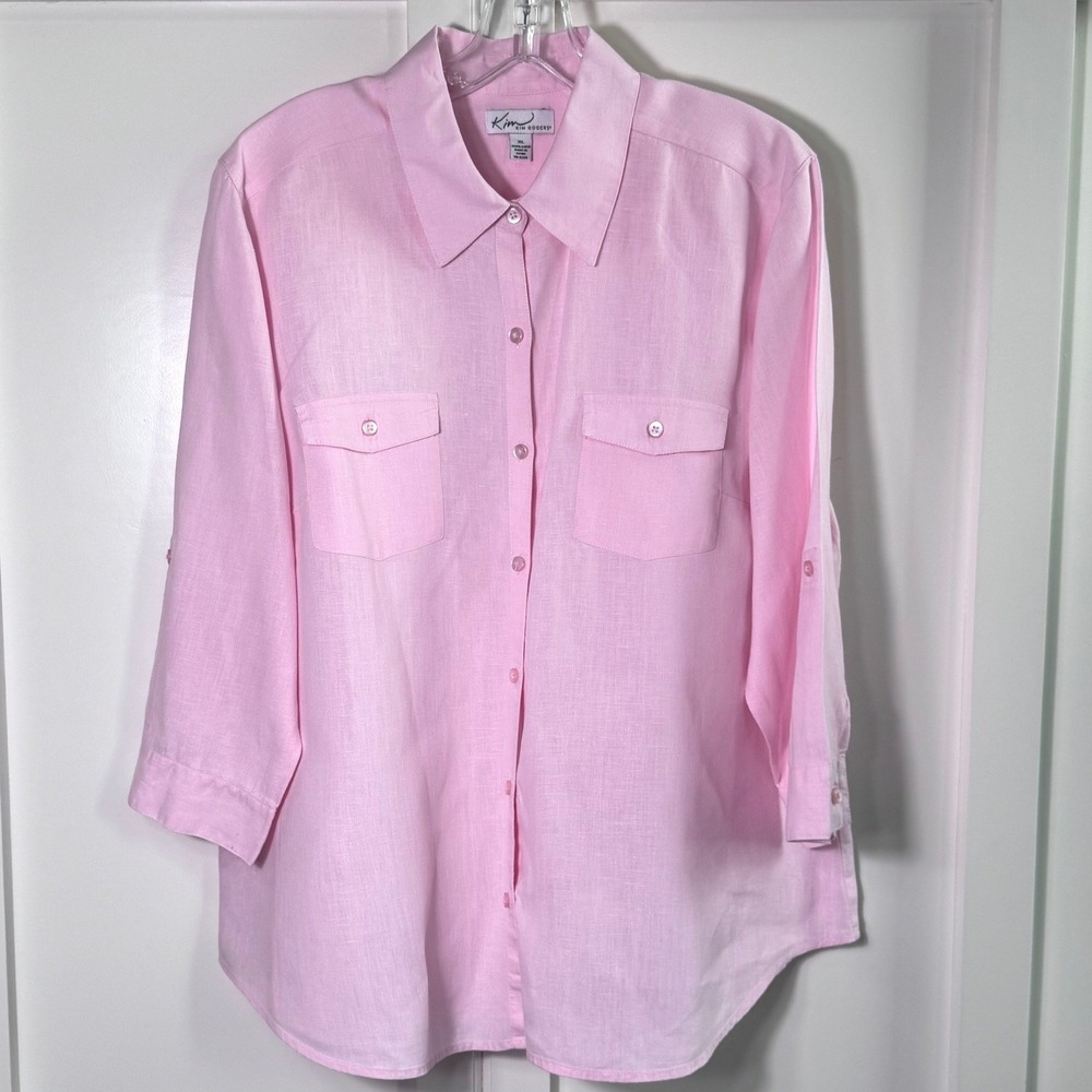 Kim Rogers Womens XL Pink 100% Linen Button Down Shirt 3/4 Sleeve Pocket Top
